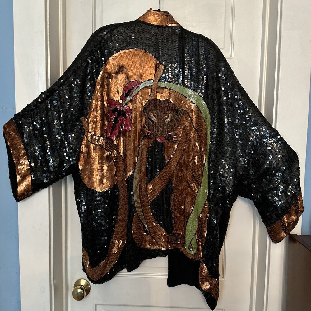 Black Sequined Jacket Large Cat Motif Silk Lining Size 14